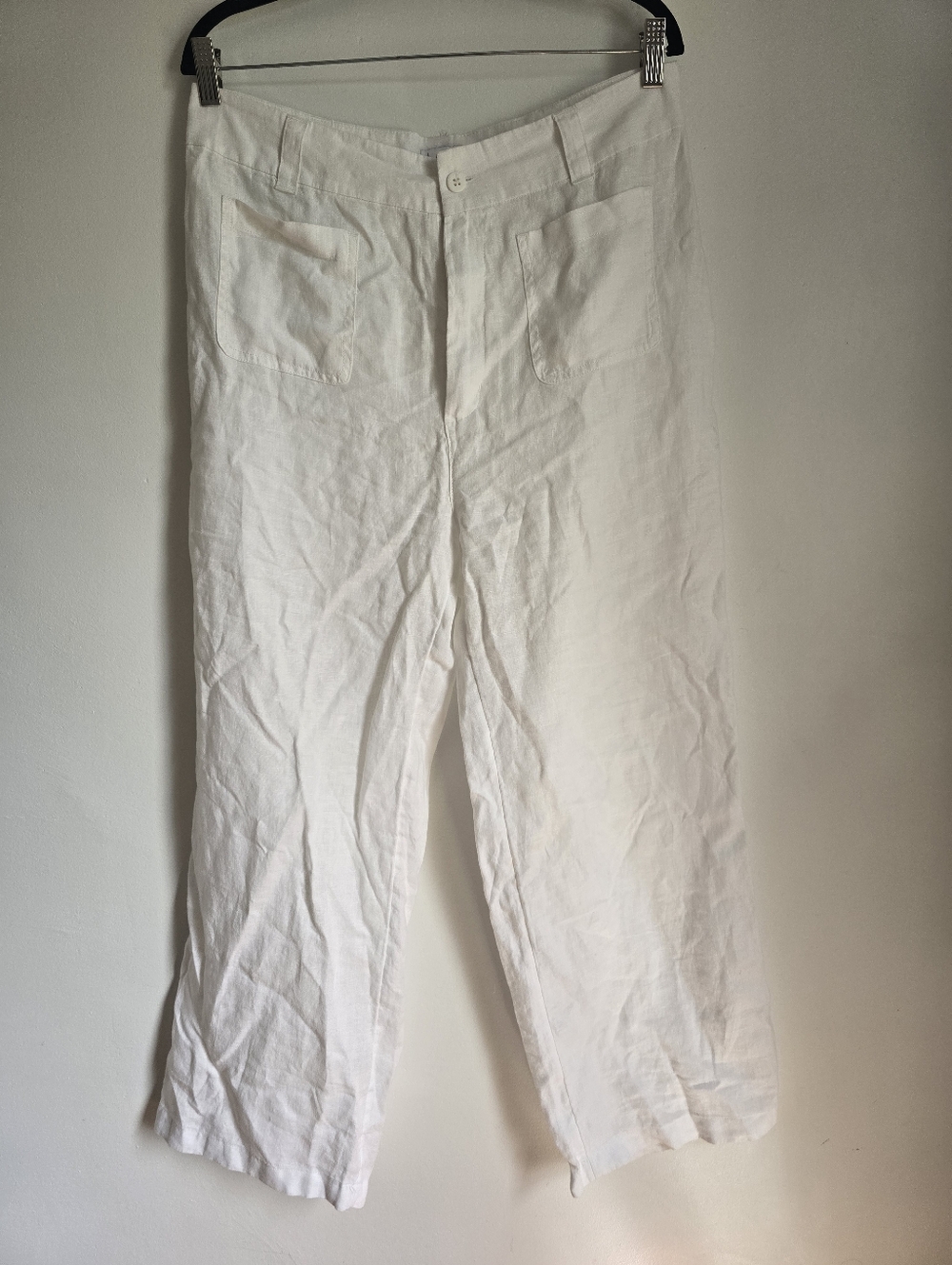 Nicole Miller White Linen Pants Wide Leg Flat Front Coastal Beachy Resort.